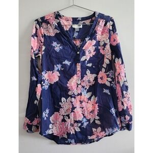 Old Navy Tunic Blouse Women XS Blue Floral Cotton Boho Casual Spring relaxed fit